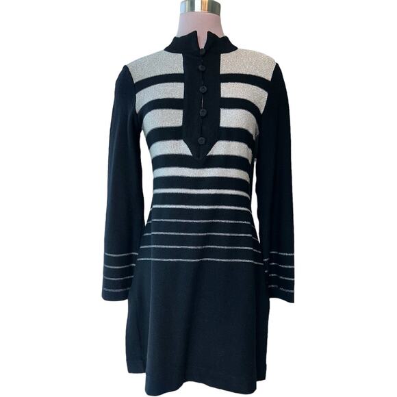 EUC VINTAGE Crissa Linea Italiano Black /Gold Lurex Stripes Mini Dress Fits Sz 6 - Picture 3 of 16